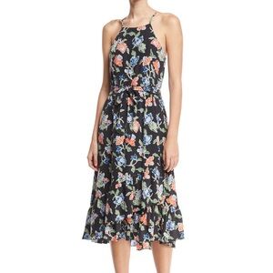 Joie 100% Silk Navy Blue Orange Green Floral Sleeveless Deme Midi Dress Caviar